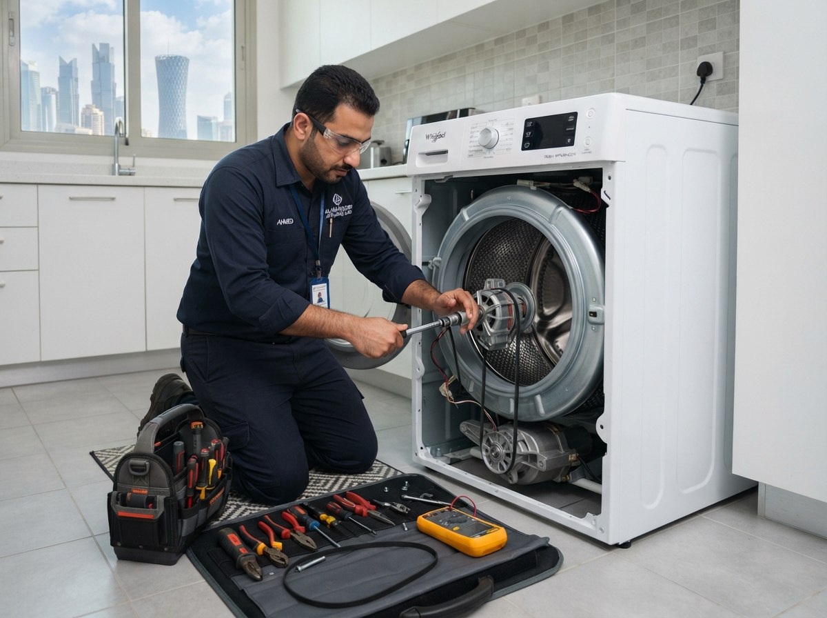 Certified appliance technician repairing washing machine drum in Doha Qatar